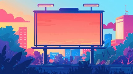 Vibrant Urban Sunset with Empty Billboard Surrounded by Lush Vegetation