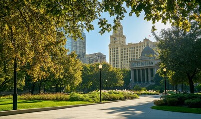 Obraz premium Urban park path, sunlight, autumn trees, grand buildings.