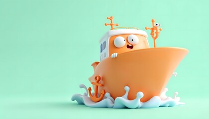 Cute Cartoon Boat Sailing on Turquoise Water