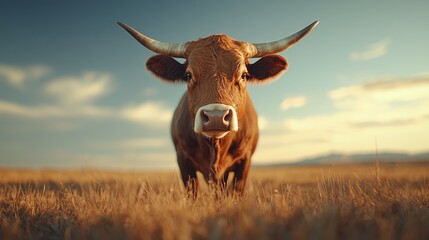 Highland cow stares, sunset field, rural scene, farm animal
