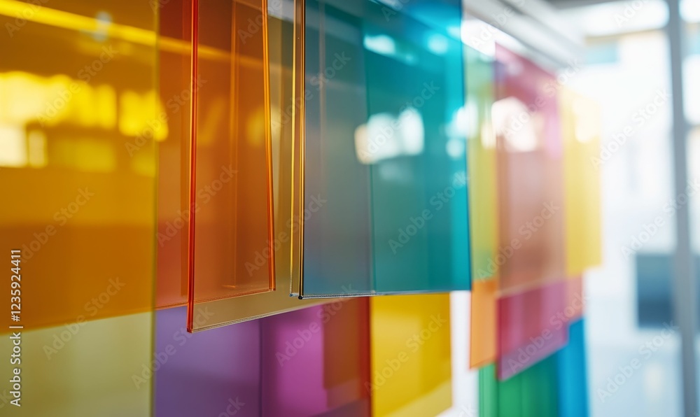 Poster colorful translucent panels hang elegantly, creating vibrant patterns.
