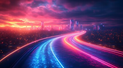 Obraz premium Neon road curving towards futuristic city sunset