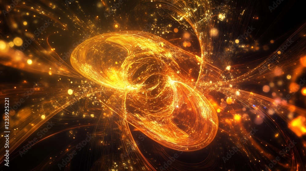 Poster golden energy trails and shimmering particles in a dynamic abstract flow of light