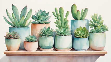 Obraz premium Watercolor Succulents and Cacti in Decorative Ceramic Pots