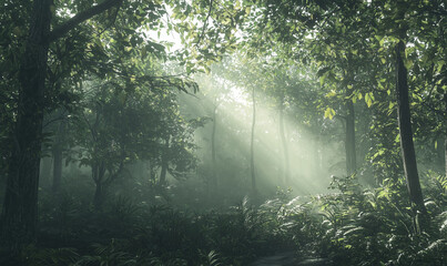 Fototapeta premium Sunlit forest pathway lush green wilderness nature photography serene environment ground-level perspective tranquility concept