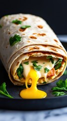 Dripping breakfast burrito with melted cheese and yolk kitchen food close-up shot culinary delight