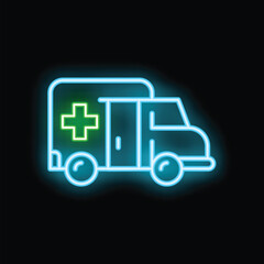 Bright blue neon ambulance with green cross glowing on black background