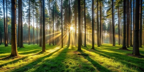 Fototapeta premium Golden rays of sunlight pierce through the dense canopy of a verdant forest, illuminating the forest floor with a warm glow.