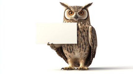Obraz premium A wise owl holding a blank sign with its talons, deep golden eyes, intricate feather details, hyperrealistic, isolated on white background