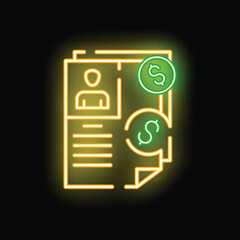 Neon sign illustrating the concept of a paid invoice for services rendered, featuring a document with a person icon and dollar signs