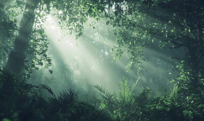 Obraz premium Serene forest scene with sunlight filtering through lush greenery, creating a tranquil atmosphere.