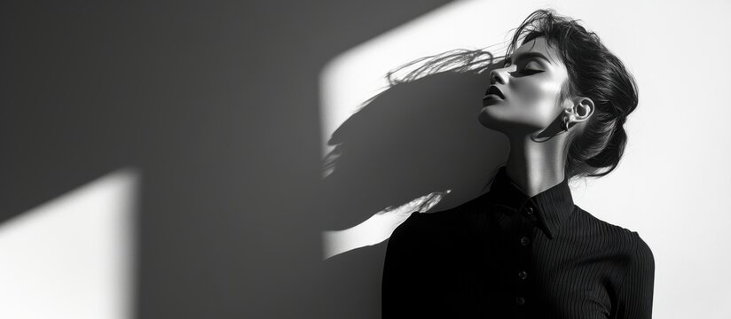 Naklejki Elegant Black and White Portrait of a Woman in Dramatic Lighting with Shadows and Stylish Fashion