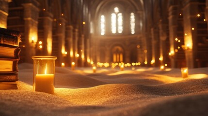 Candlelit Cathedral Snow Scene with Books Digital Art