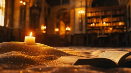 Candlelit Book on Glittering Surface in Ancient Library