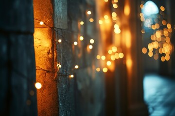 Fototapeta premium Warm Fairy Lights on Stone Wall Night Photography