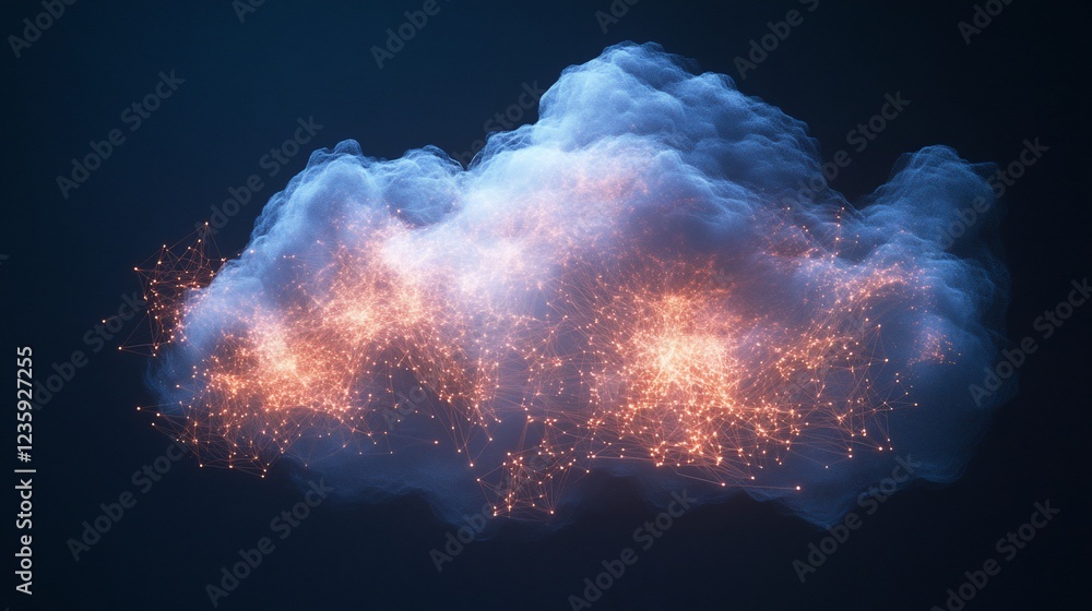 Poster a luminous digital cloud with a connected network on dark background visualization