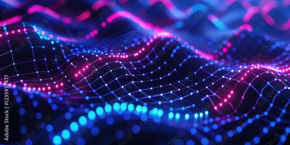 Poster abstract digital wave pattern with bright neon lights and grids