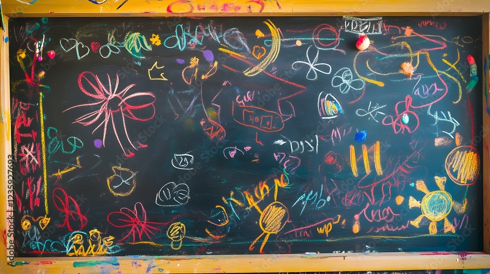 Poster vibrant playful chalkboard doodles and abstract drawings on vintage inspired school blackboard surfa