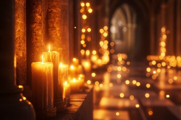 Burning Candles in Dark Gothic Hallway with Fairy Lights