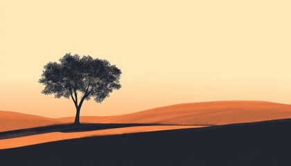 Solitary tree stands on rolling orange hills at sunset