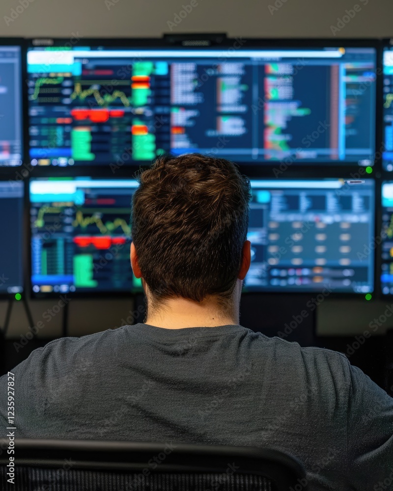 Poster trader analyzing financial data on multiple screens in office setting