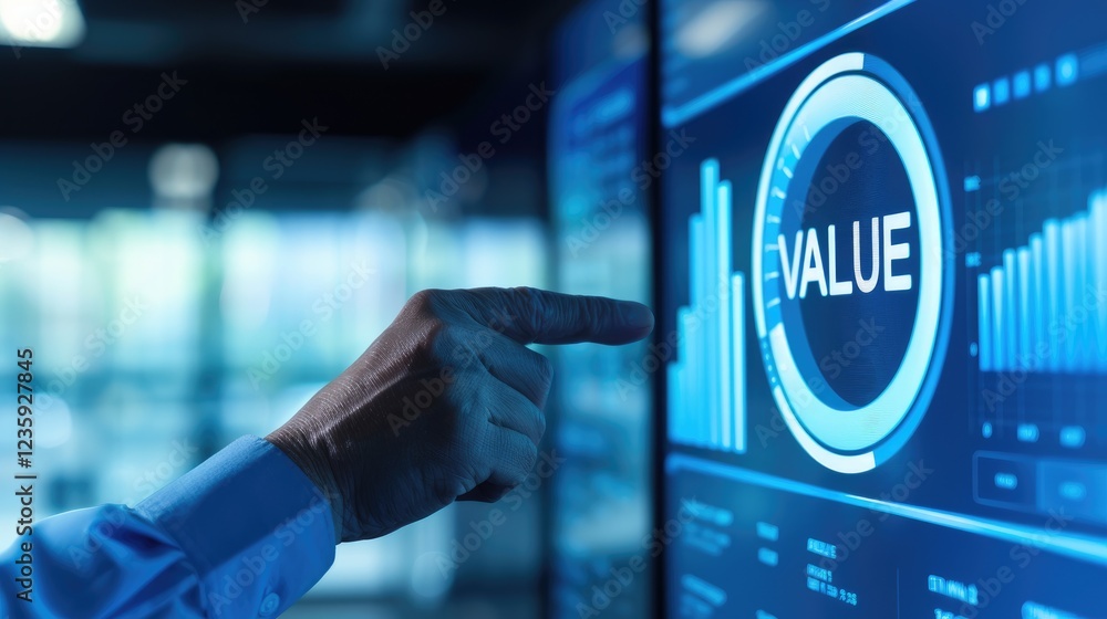 Poster business professional analyzing digital data metrics on screen with text 