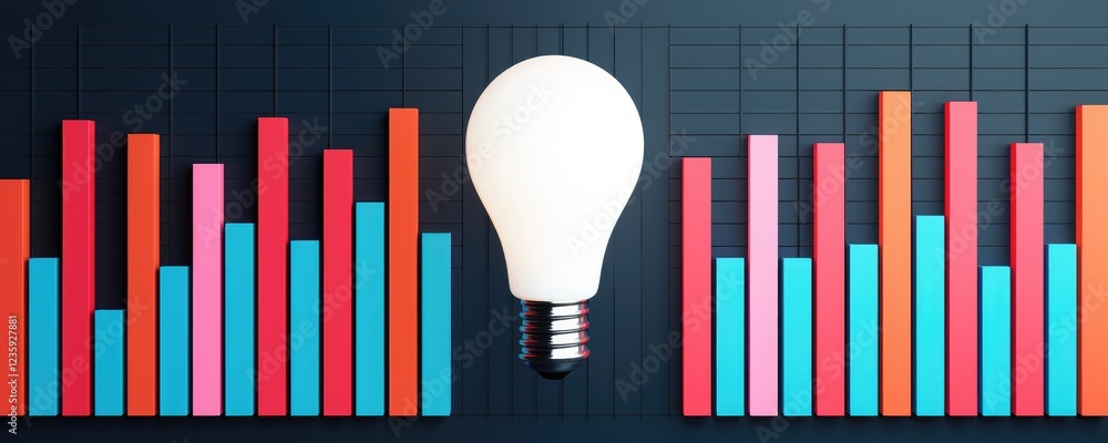 Aufkleber light bulb innovation concept above colorful bar graphs display