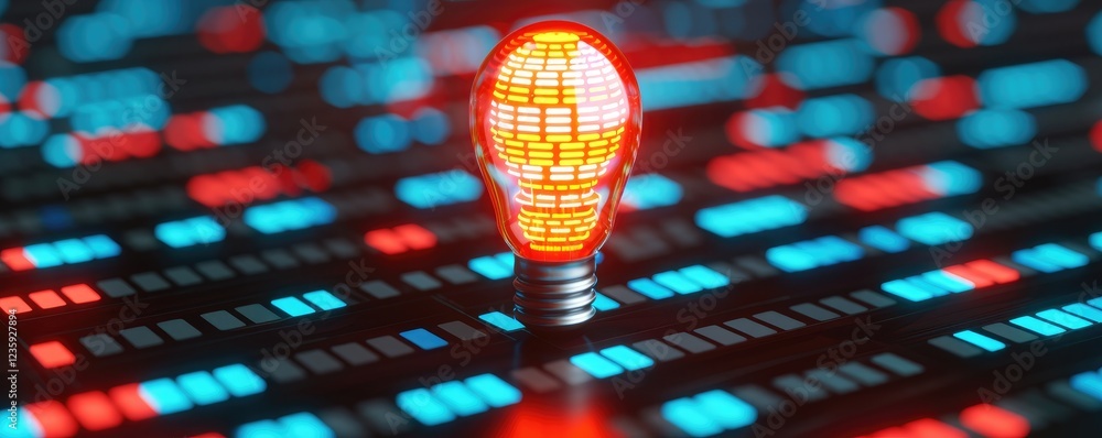 Poster illuminated light bulb with digital data design in vibrant colors