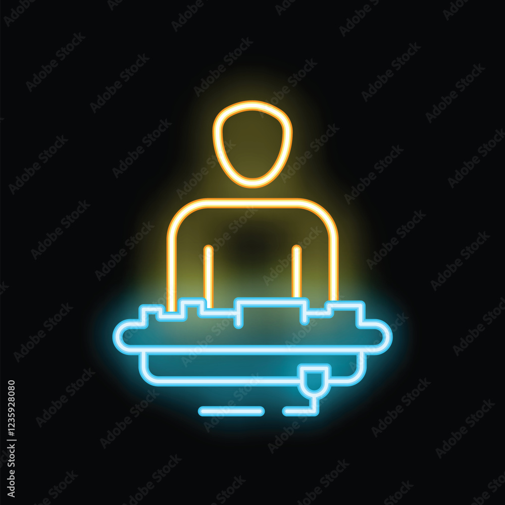 Poster neon sign of a sound engineer working on a mixing console on a black background