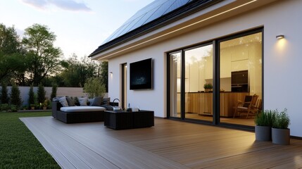 Modern House Exterior with Patio and Outdoor Entertainment Area at Dusk