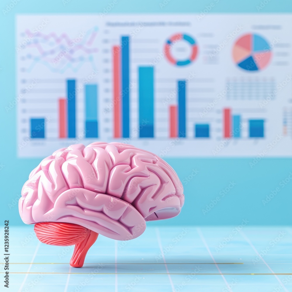Poster colorful brain model on background of data visualization charts