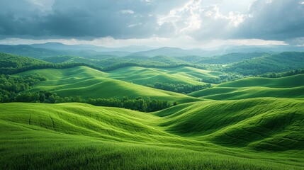 Fototapeta premium Breathtaking green rolling hills under a dramatic sky with sunlight filtering through clouds in a serene landscape