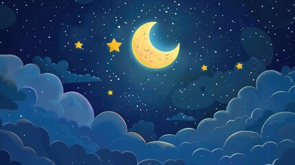 Magical Night Sky with Moon and Stars in Dreamy Clouds