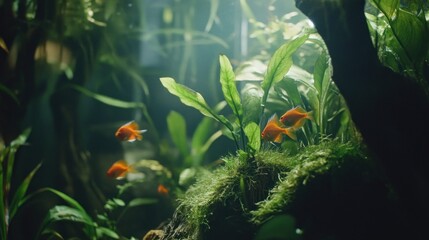 Orange fish swim in a lush green aquatic environment