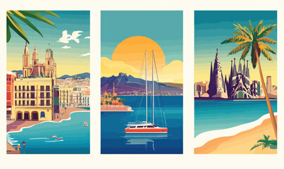 Obraz premium Retro Spain Travel Posters: Barcelona, Tenerife, Costa Brava Vintage Summer Illustrations