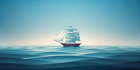 A solitary sailing ship with white sails navigates tranquil blue waters, its journey a serene and peaceful voyage.