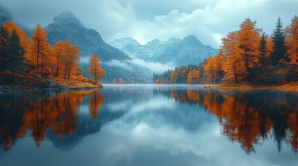 Fototapeta premium Autumn reflection on a serene lake surrounded by vibrant orange trees and majestic mountains in a cloudy sky