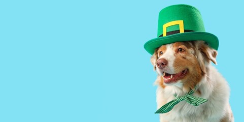 Cute Australian Shepherd dog in leprechaun's hat on light blue background with space for text. St....