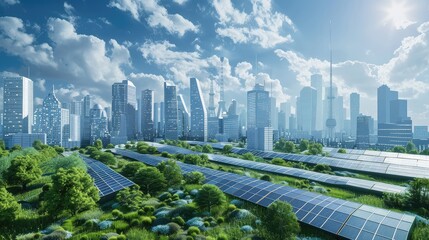 A Vibrant Cityscape Embracing Sustainable Energy and Green Spaces