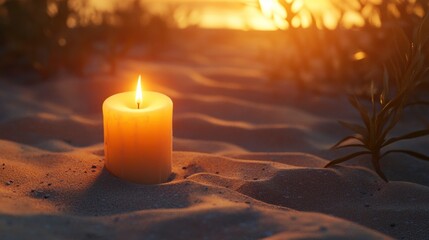 Burning Candle on Sandy Beach at Sunset