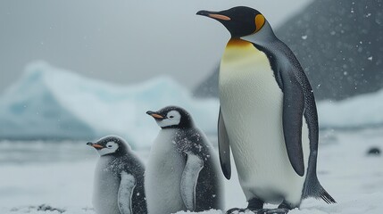 Fototapeta premium King Penguin with Two Chicks in Snowy Antarctic Landscape