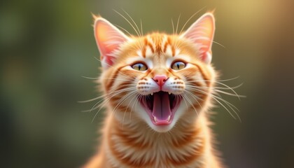 Ginger kitty smiling with a funny expression, Beautiful animal with a unique look.