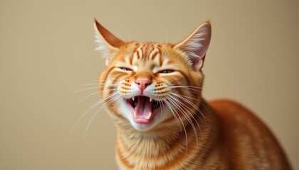 Fototapeta premium Funny smiling cat with a cute expression, Red background highlights the animal's ginger fur.