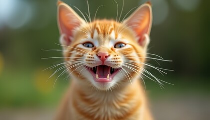 Ginger kitty smiling with a funny expression, Perfect pet for a loving family.