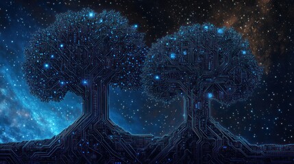 Futuristic trees glowing, night sky, digital art, website banner