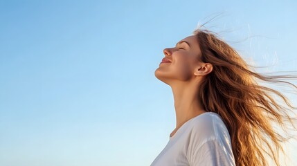 A woman standing on a mountain top, wind in her hair. Generative AI