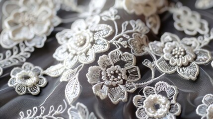 Obraz premium Elegant Floral Embroidery on Sheer Fabric for Fashion and Decor