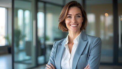 Confident businesswoman in a suit smiles, exuding professional success