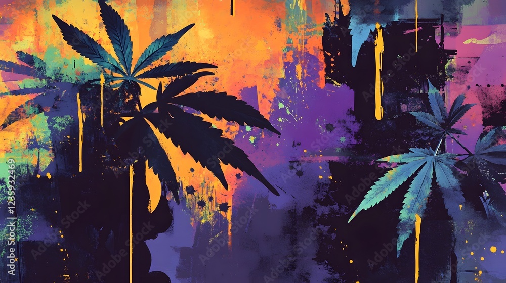 Aufkleber Vibrant Tropical Landscape with Surreal Silhouetted Palm Trees and Neon Splashes of Color in Abstract Composition