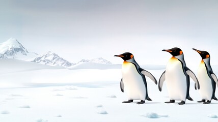 Obraz premium Three penguins waddle across a snowy landscape, framed by distant mountains and a serene, cloudy sky.